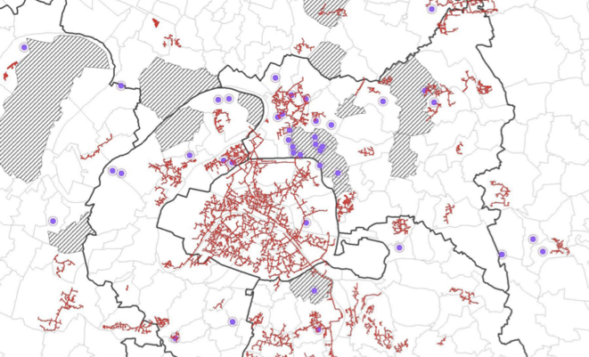 Carte des data centers en service, en Ile-de-France (pastilles violettes) (DRIEE). Carte des data centers en service, en Ile-de-France (pastilles violettes) (DRIEE).